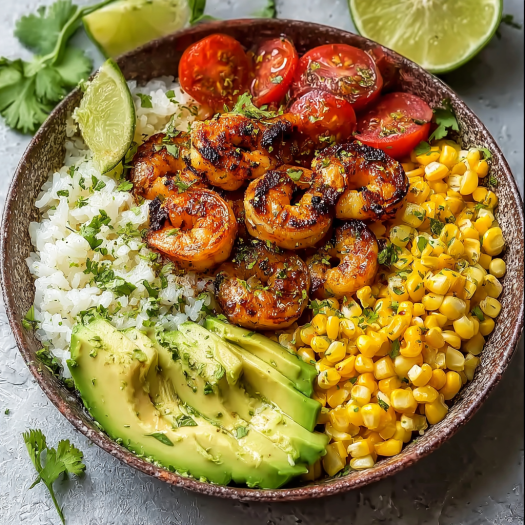 Grilled Shrimp Bowl with Avocado and Corn